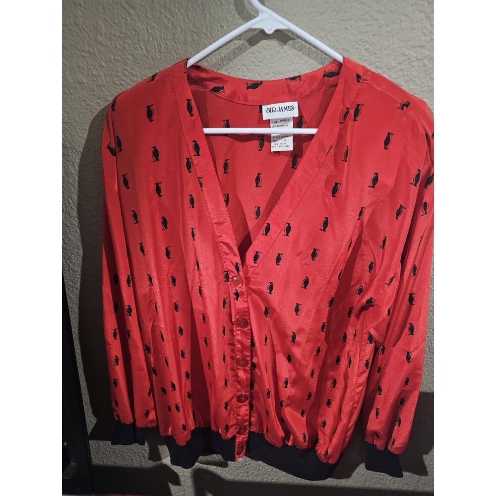 Sir James Vintage Red Black Penguin Button Down Blouse Shirt Women's Size 10